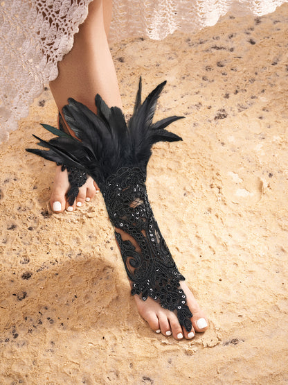 Gothic Feather Lace Gloves 6-8inch