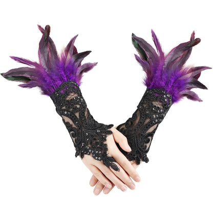 Gothic Feather Lace Gloves 6-8inch